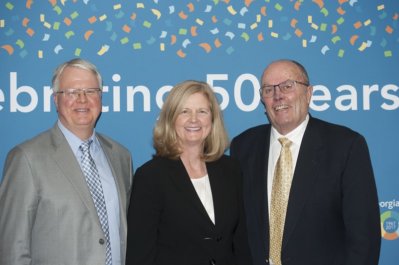 President Emeriti Brian Tamblyn (left) and Bruce Hill (right) are pictured with current Georgian College President and CEO MaryLynn West-Moynes (centre).