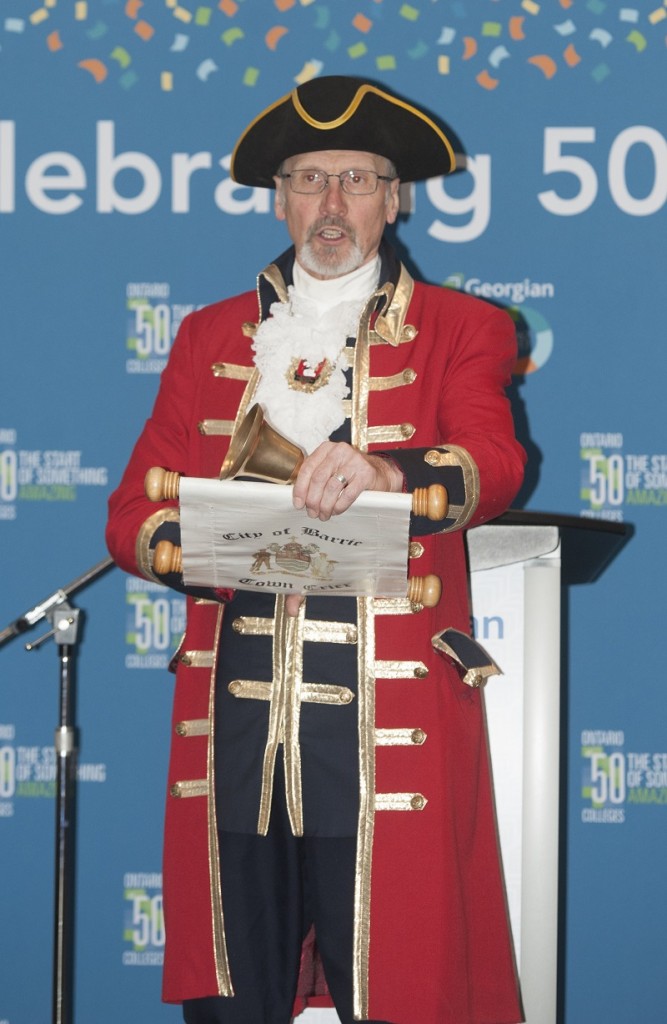 City of Barrie Town Crier Steve Travers proclaims the celebrations for Georgian College's golden anniversary officially open.
