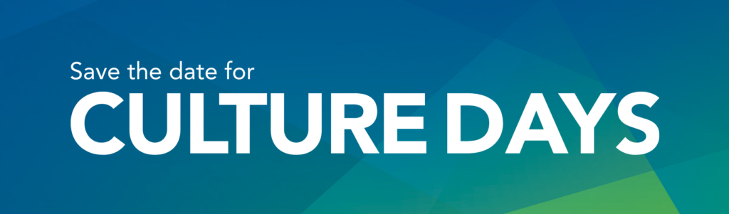 A banner saying "Save the date for Culture Days" on a geometric blue and green background. 