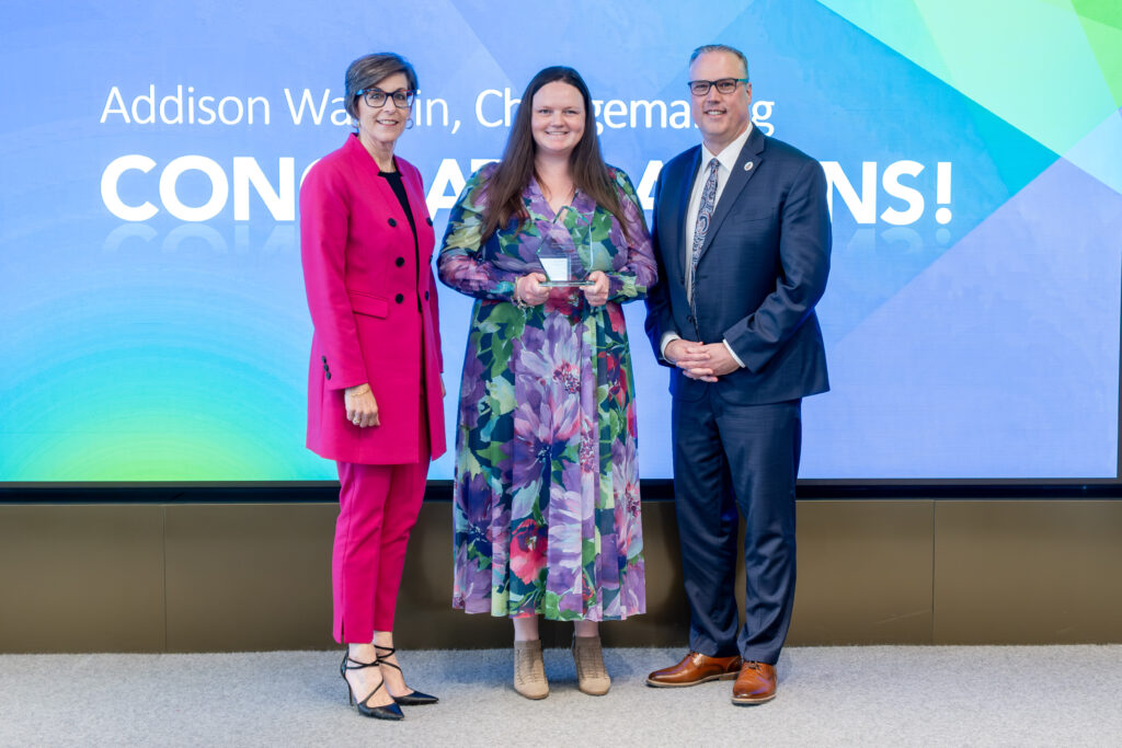 Addison Wallwin (middle) with Kimberley Greenwood, Chair of Georgian’s Board of Governors and Kevin Weaver, President and CEO of Georgian College.