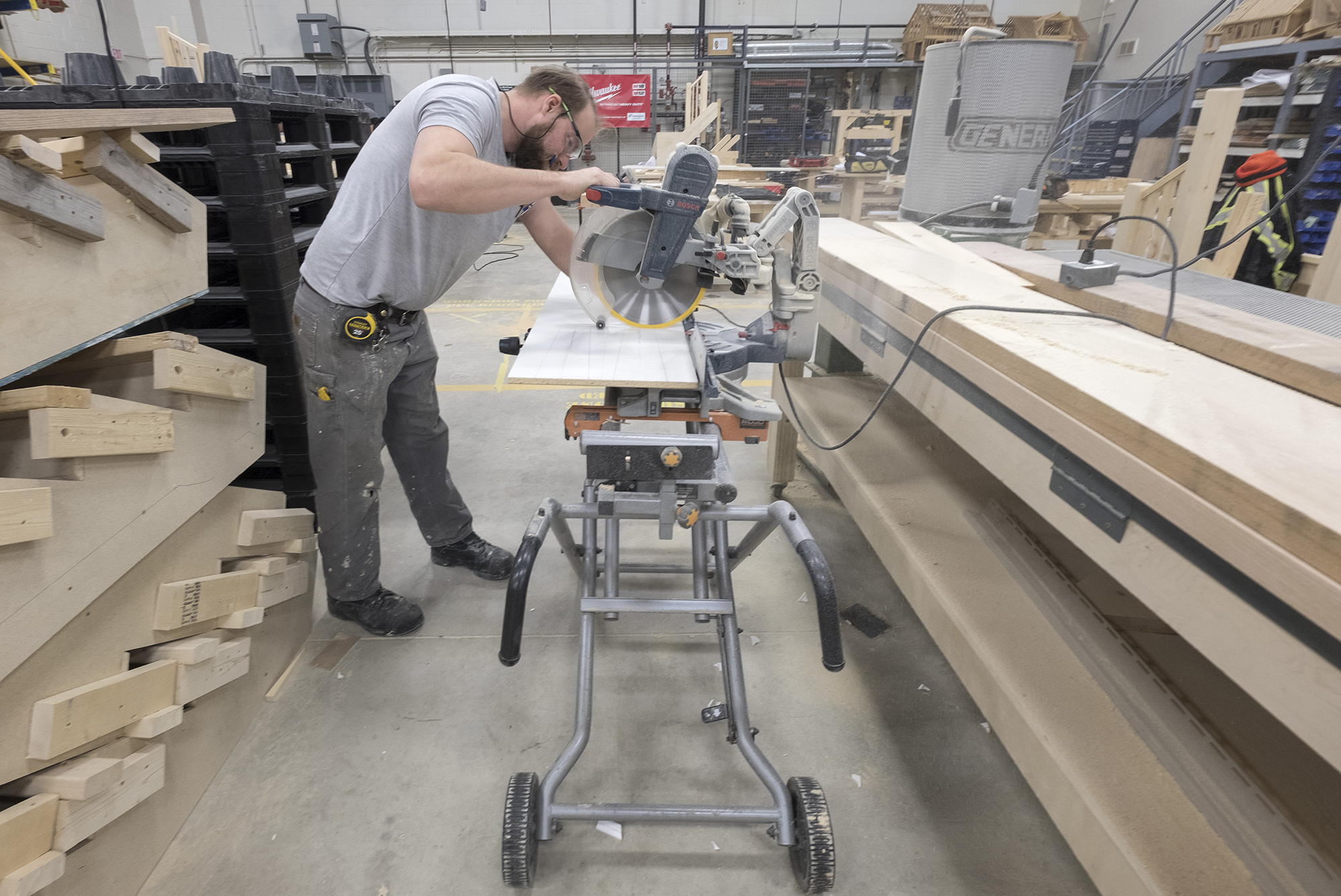 A General Carpenter Apprentices works in the shop at the Georgian Muskoka Campus