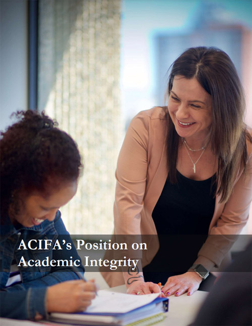 photo of two women smiling and working together - cover of ACIFA position paper on academic integrity