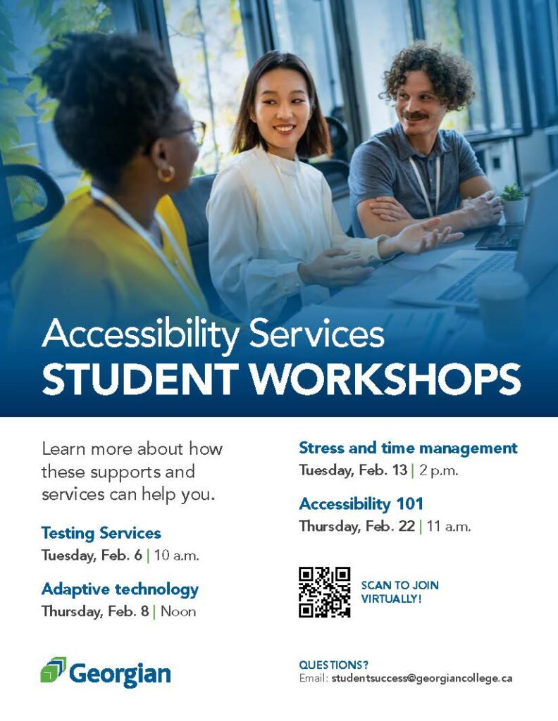 Three individuals sitting around a table interacting with each other. Accessibility student workshop dates.