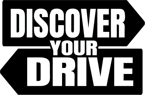 Black and white logo of two road signs, with saying "Discover Your Drive"