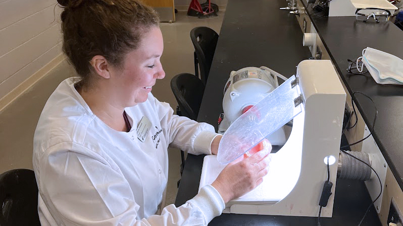 Brianne Chaloner, a Denturism graduate and current 鶹ֱ employee, sits at a desk in the Oral Health Care Clinic working on a denture. She's wearing a white lab coat and her brown curly hair is up in a top knot bun. She is smiling widely.