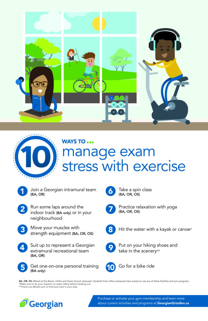 10 ways to manage stress during exams infographic with cartoon drawings of people exercising with weights, a bike and hiking.