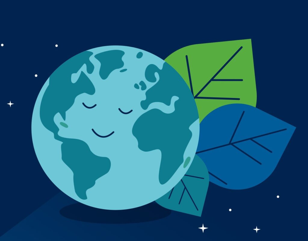 Animated Earth with three leaves coming out of its side.