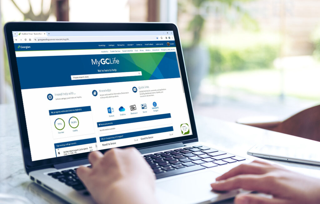 MyGCLife student self-serve portal homepage on a laptop screen.