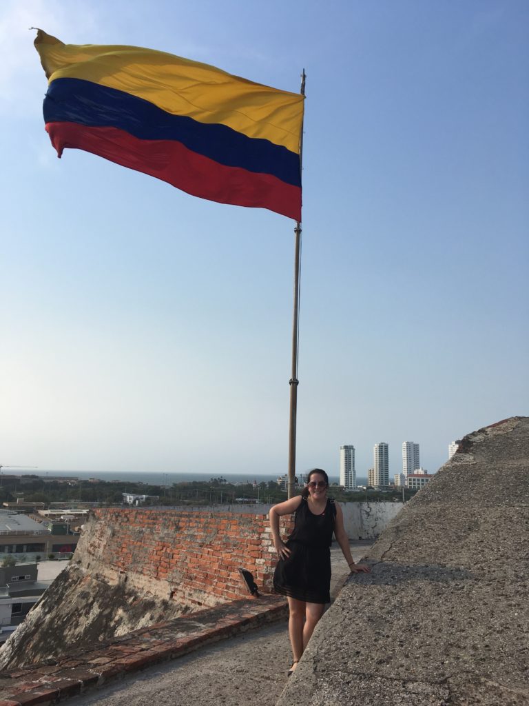 A person stands at a lookout next to a large flag and a city sprawled out below.
