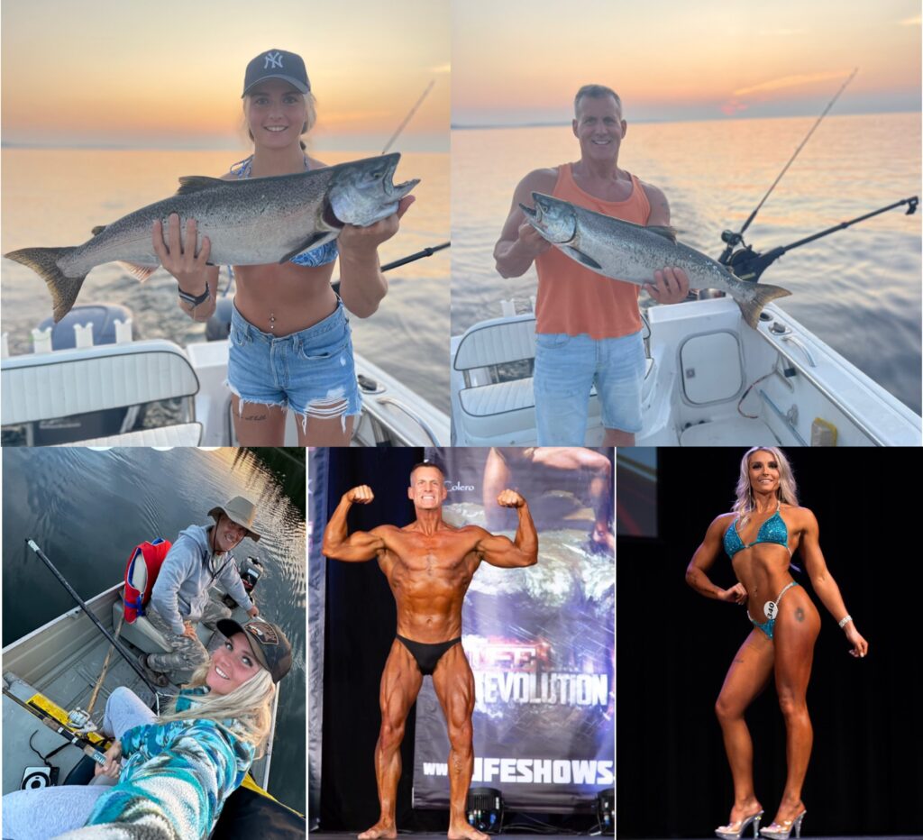 A collage of images: The first two are of a man and a woman on a boat holding a large fish with a sunset background. The other photos are of the same man and woman posing in swimsuits for a bodybuilding contest.