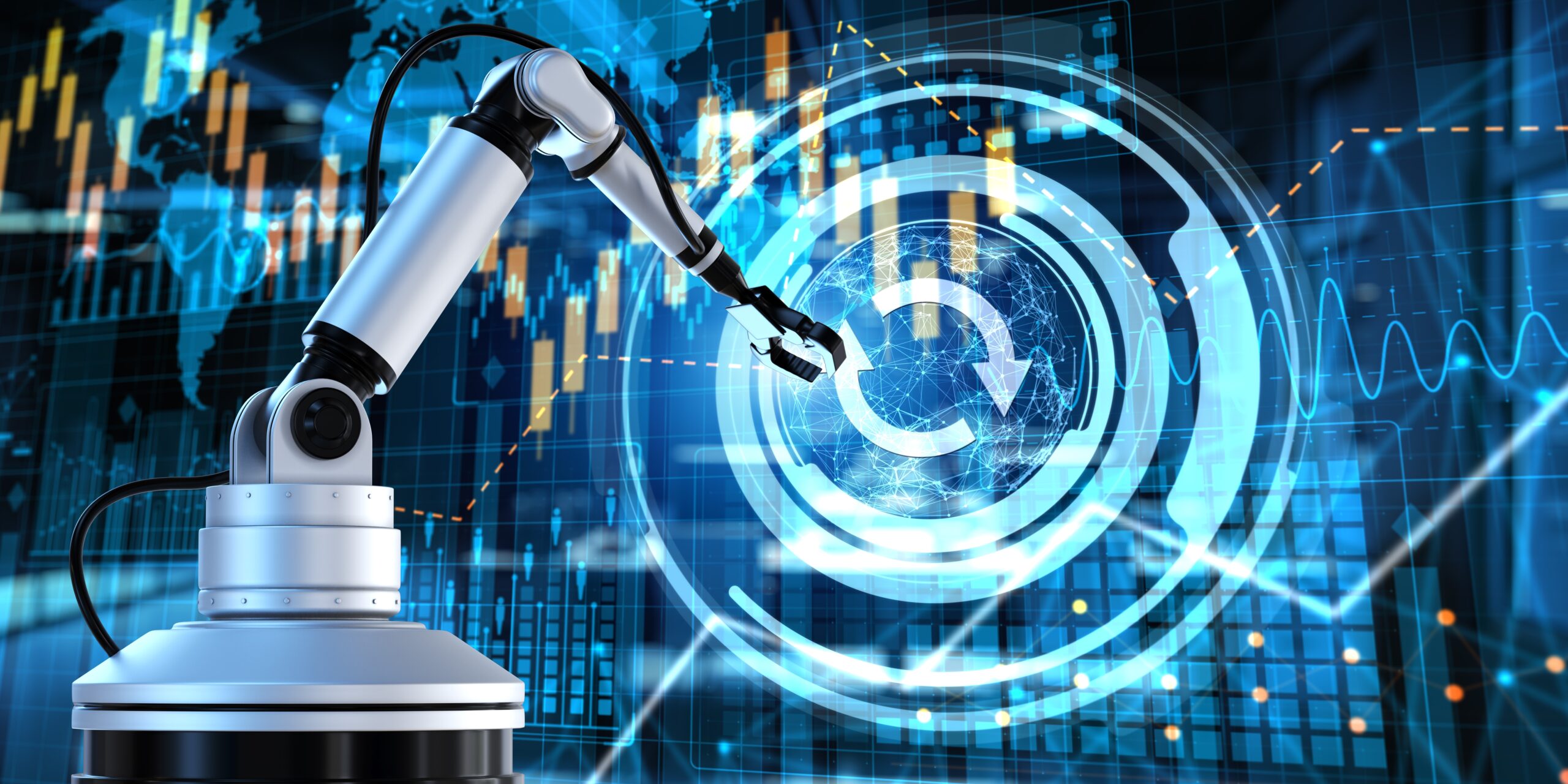 Industrial robotic arm interacting with a digital interface displaying data visualizations, global maps, and circular technology graphics.