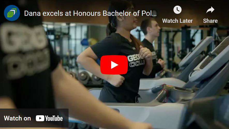 YouTube screen grab of Honours Bachelor of Police Studies student Dana working out on the treadmill. 