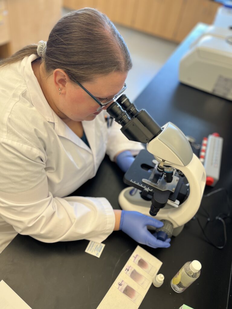 A student looking into a microscope.