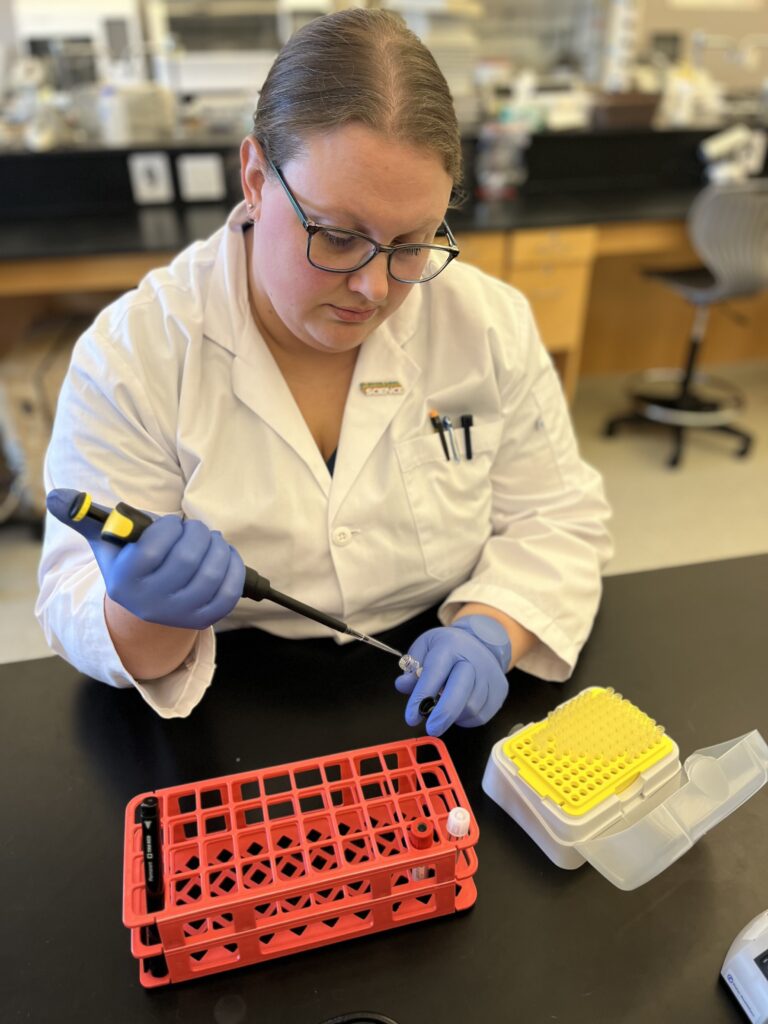 A student uses a pipette to analyze samples.