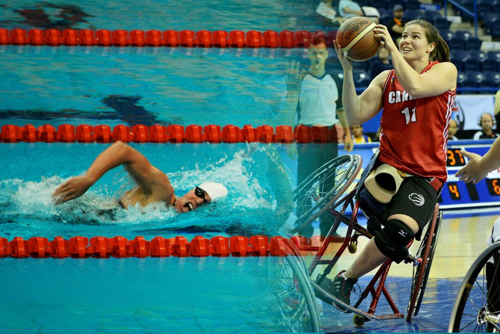 Two photos superimposed together, showing the same athlete wearing a white swim cap and black goggles swimming across a pool, on the left, and in a wheelchair with brown hair in a ponytail, wearing a red jersey and black shorts and holding a basketball and looking up, on the right.