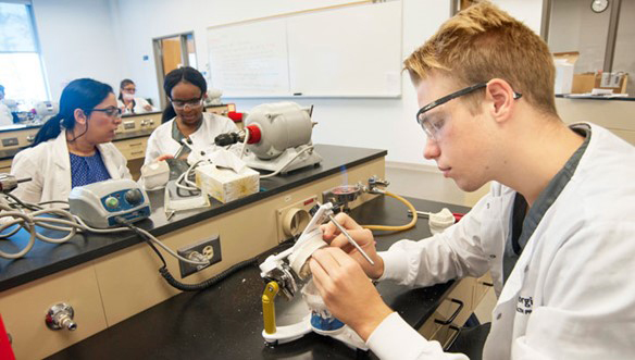 Four students, three female and one male, work on dentures in the Oral Health Clinic lab. 