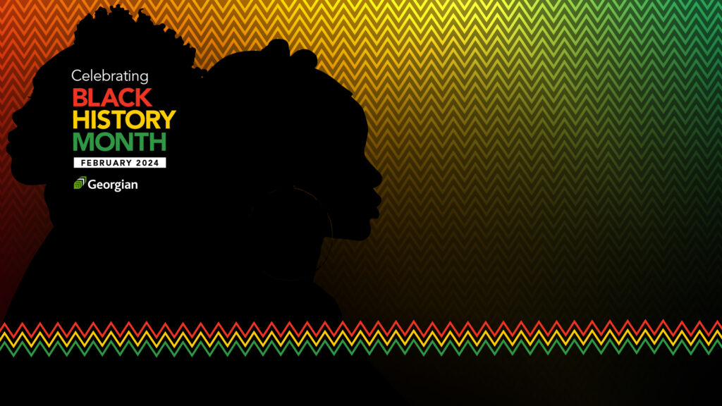 An image with red, yellow and green zigzag background pattern, two black silhouettes of people and the words "Celebrating Black History Month."