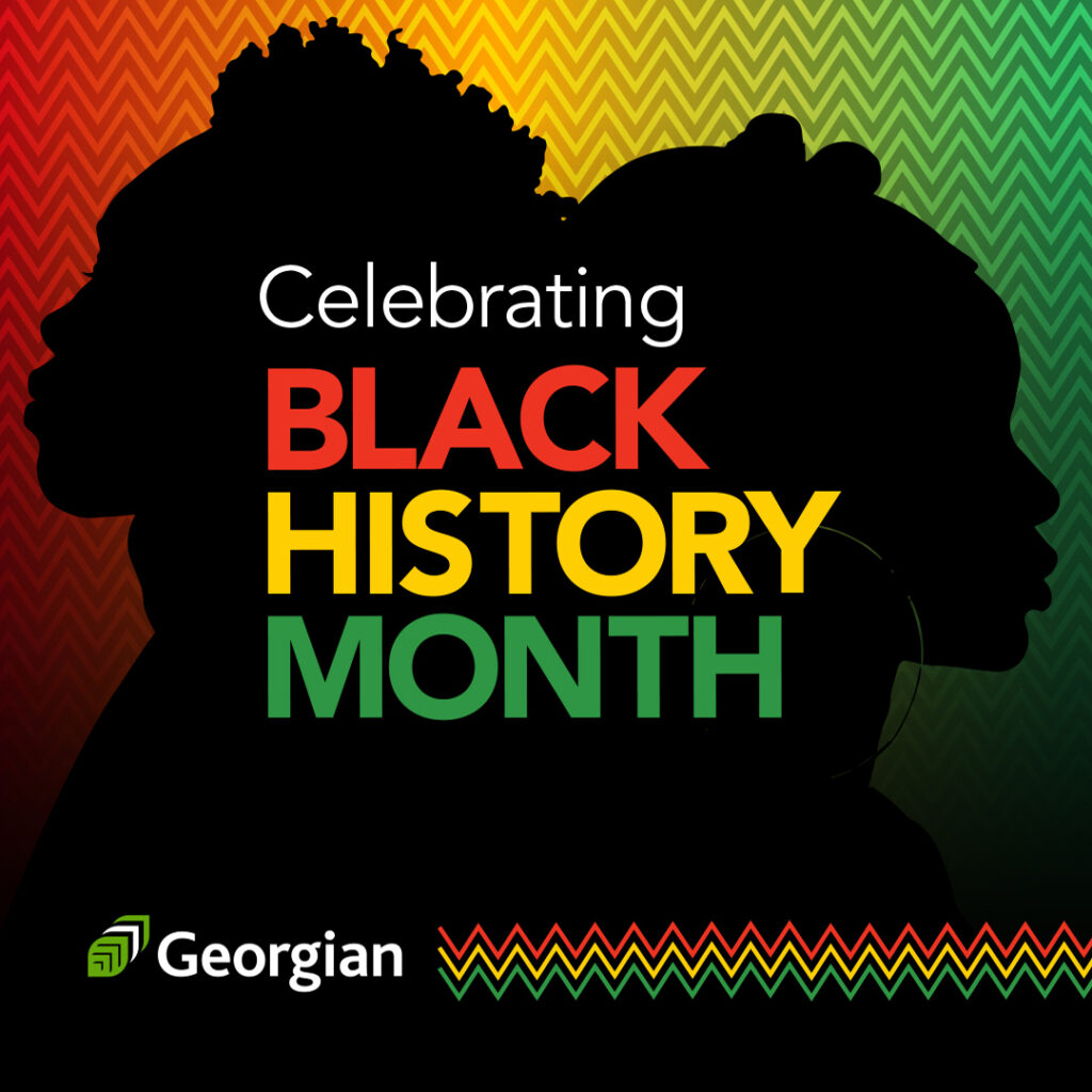 A red, yellow and green graphic with black outlines of people's faces with the words "Celebrating Black History Month."