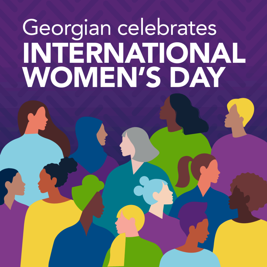 A purple background with different illustrations of a diverse group of women. The text reads "Georgian celebrates International Women's Day."