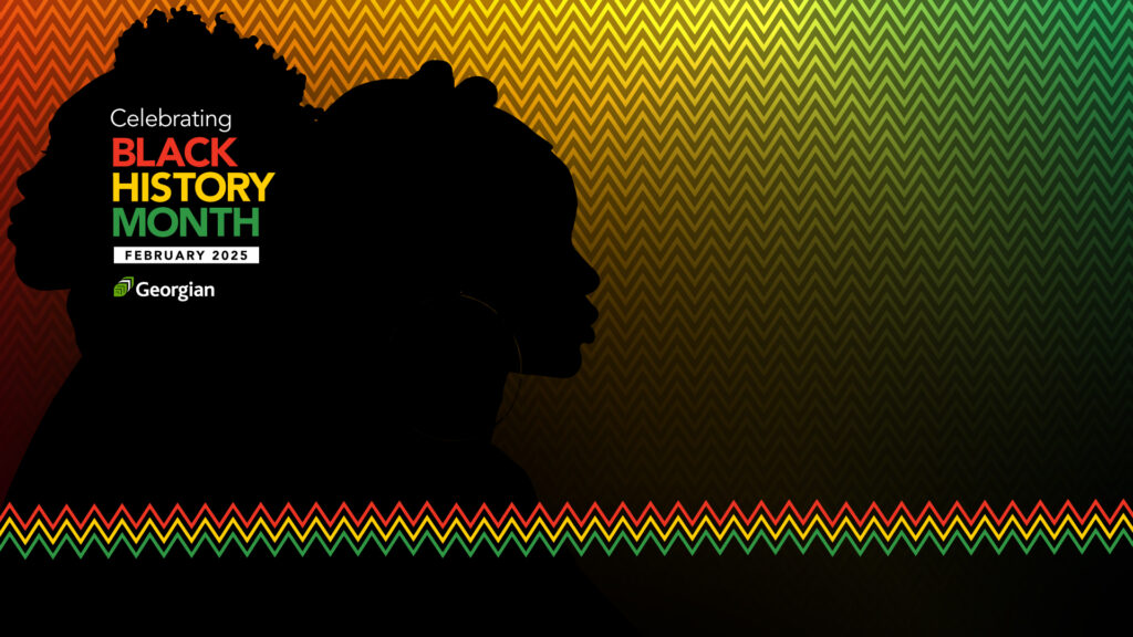 Red, yellow and green background with two silhouettes and text "Celebrating Black History Month"