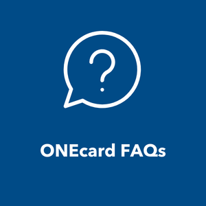 Icon of a speech bubble with a question mark inside above the words "ONEcard FAQs"