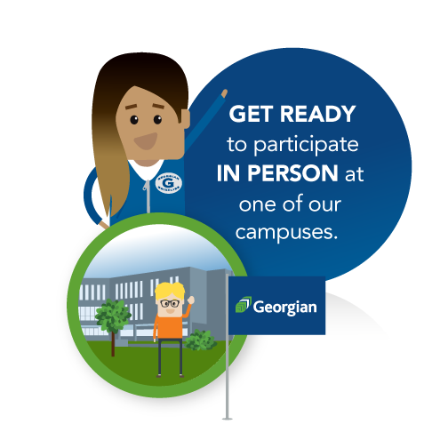 Graphic of a woman. Bubble with text: Get ready to participate in person at one of our campuses.