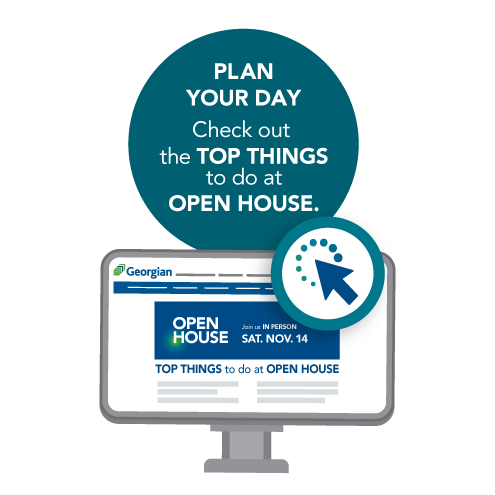 Graphic of a computer. Bubble with text: Plan your day. Check out the top things to do at Open House.