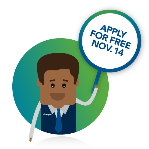 Graphic of a man holding a sign "Apply for free Nov. 14"