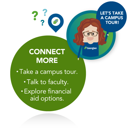 Graphic of a woman holding sign "Let's take a campus tour" Bubble with text: Connect more. Take a campus tour. Talk to a faculty. Explore financial aid options.
