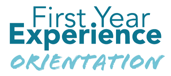 Blue words on white background saying First Year Experience Orientation