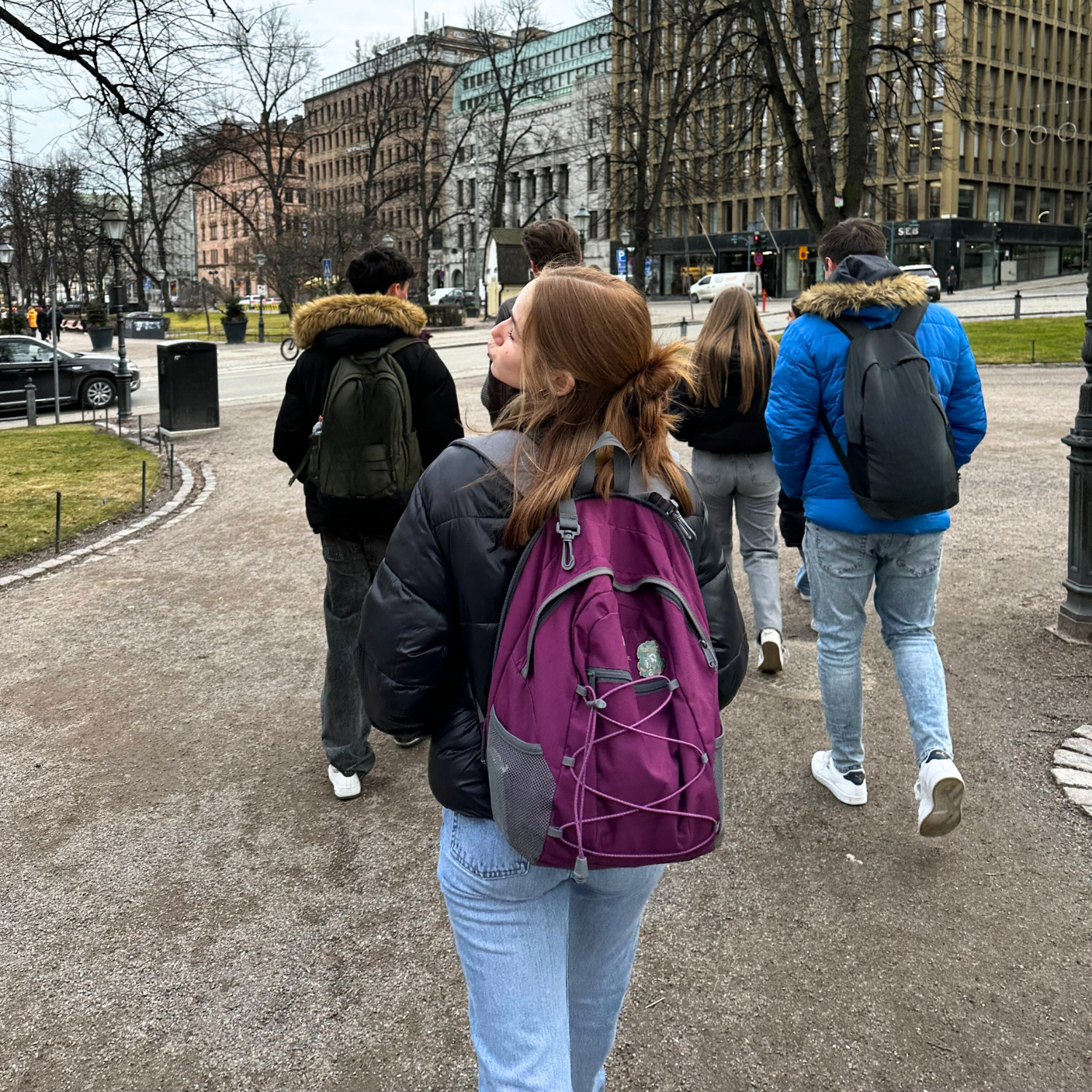 A group of students in Finland walking to their class