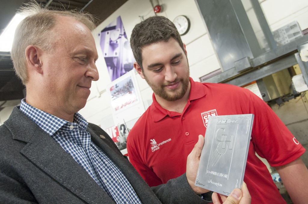 Haas presents a cheque to Georgian College, Tyler Magri going to world skills competition representing Georgian and Canada
