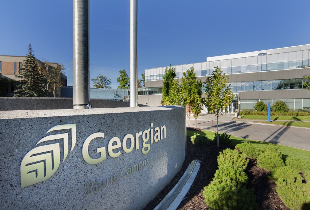 A view of the front of the cenotaph at Georgian's Barrie Campus. The logo on the cenotaph reads "Georgian: Barrie Campus"