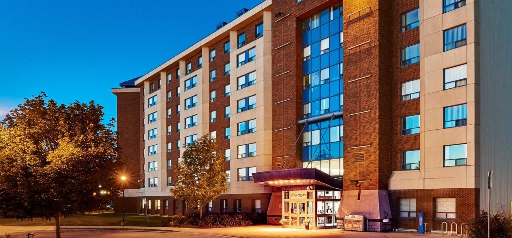 Georgian College Barrie Campus residence and summer accommodation facility at night
