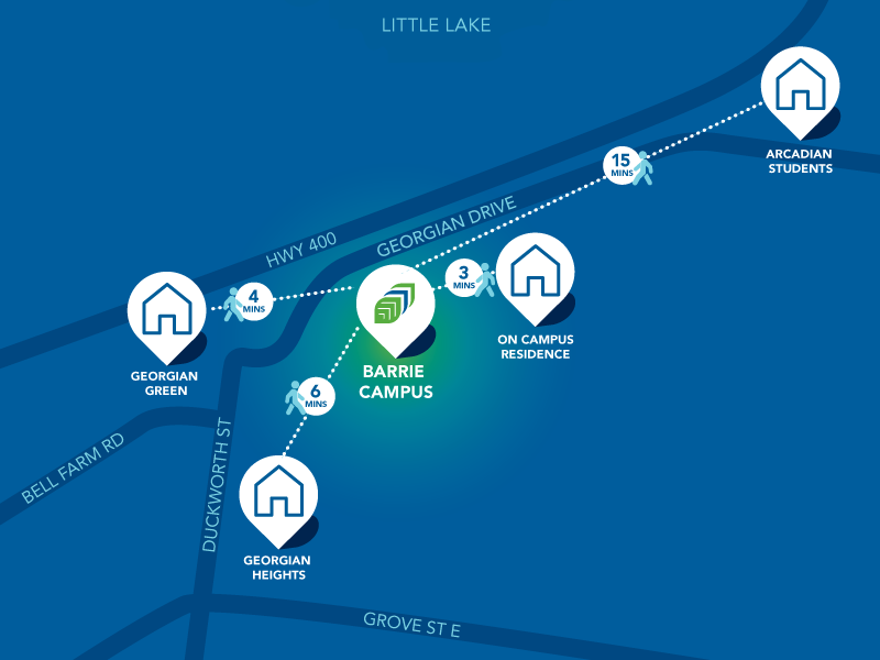 Map of Georgian College's Barrie Campus residence and off-campus housing locations