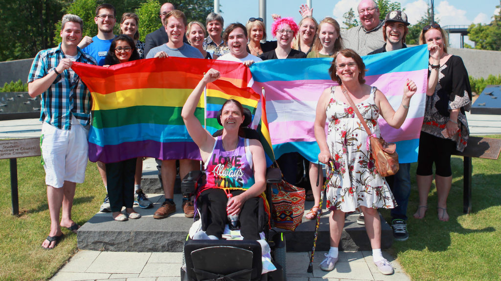 Pride flag raising at the Barrie Campus in 2017. 