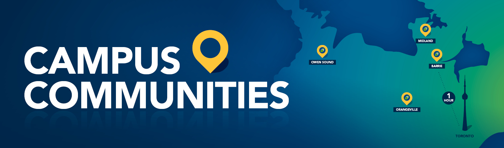 Map displaying the location of Georgian's Orangeville, Barrie, Midland and Owen Sound campuses