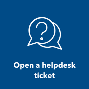 Icon of two overlapped speech bubbles with a question mark inside the top one above the words "Open a helpdesk ticket"