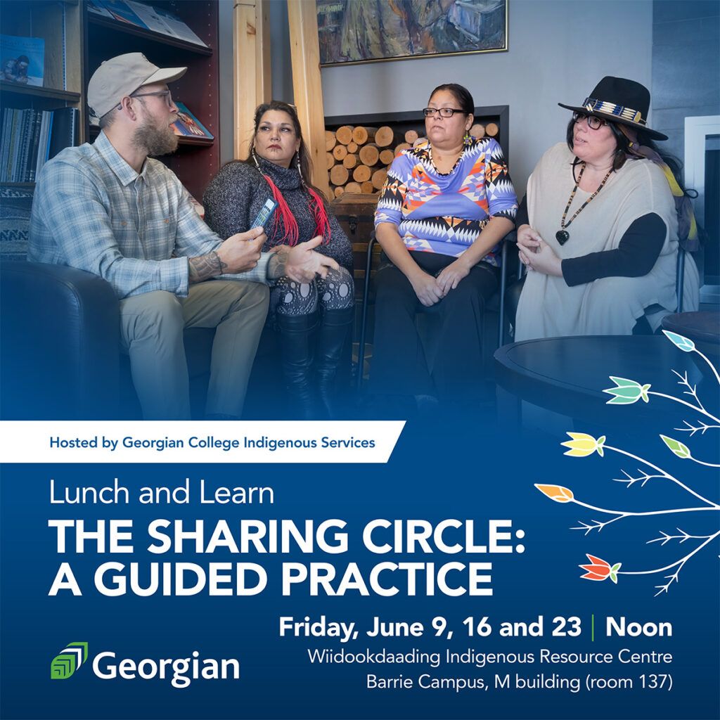 A group of people sit in a sharing circle in the Wiidookdaading Indigenous Resource Centre. 