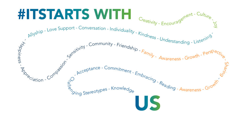 "It starts with us" and various words linking that curve in a pattern.