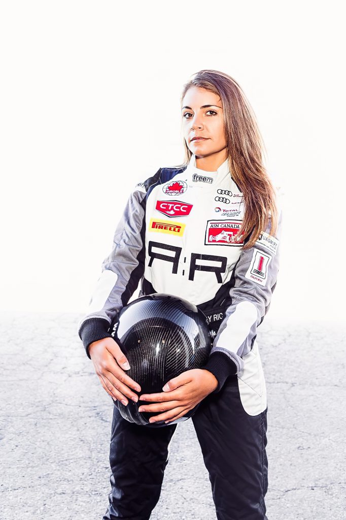 Lindsay Rice, in her racing gear, sponsored by AUdi Canada.
