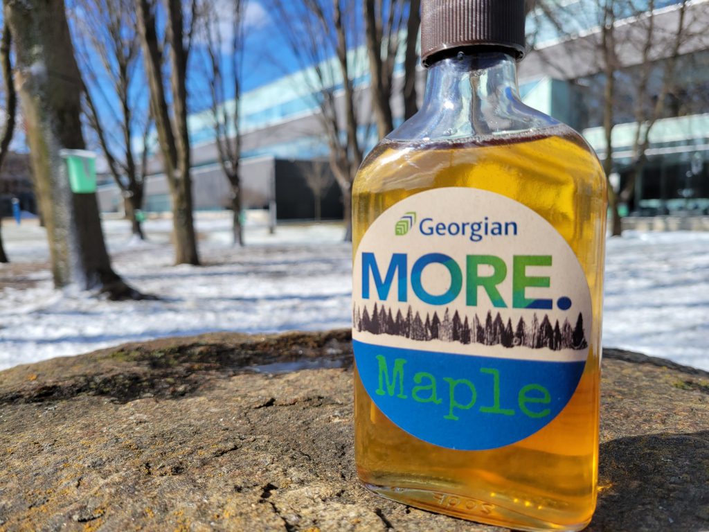Maple syrup in a glass bottle sits on a rock in front of trees and a building. The bottle reads: Georgian MORE Maple.