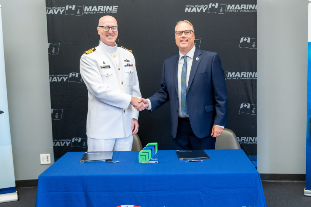 Captain(N) Geoff Hamilton, Commander Naval Reserve Central Region, and Kevin Weaver, President and CEO of Georgian College