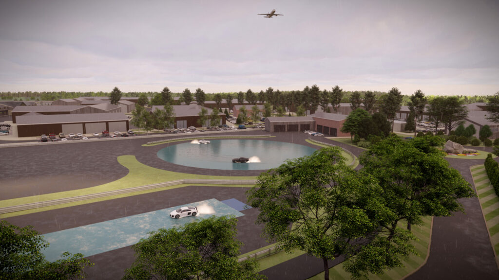 Rendering of the view of the Oro Station Automotive Park over the dynamic driving area.