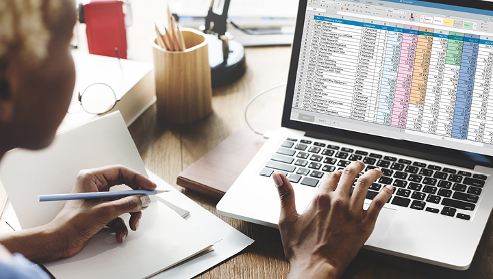 woman typing on laptop with spreadsheet on screen