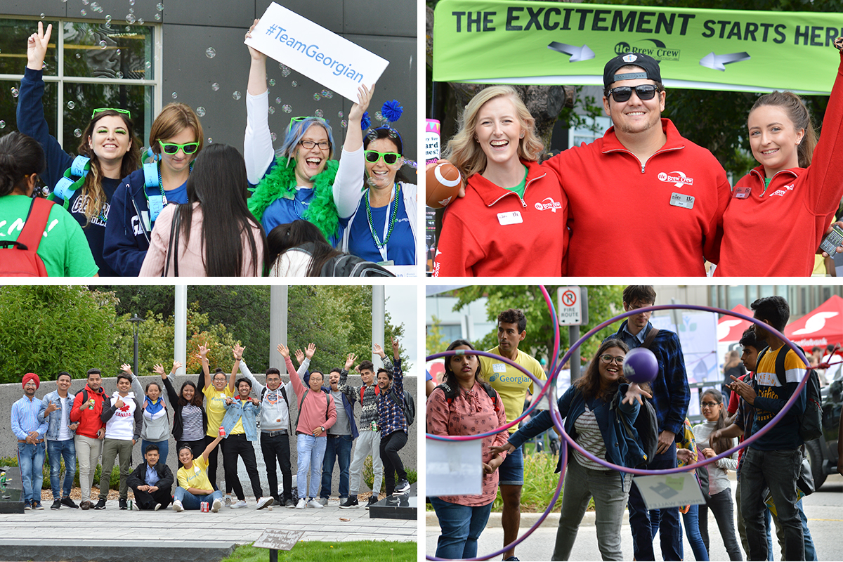four photos merged into one image. All images are photos of staff and students celebrating 2019 fall orientation day.