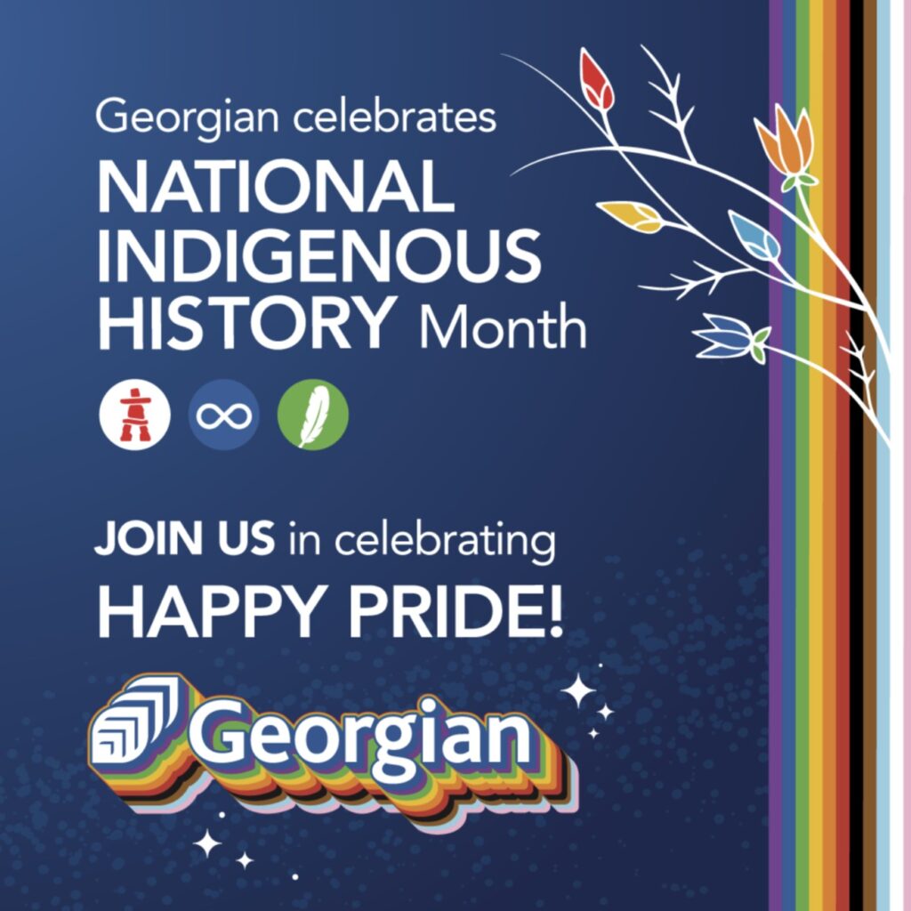 Blue background with Pride rainbow and Indigenous designs. Text: СŶƵ celebrates National Indigenous History Month. Join us in celebrating. Happy Pride! СŶƵ.
