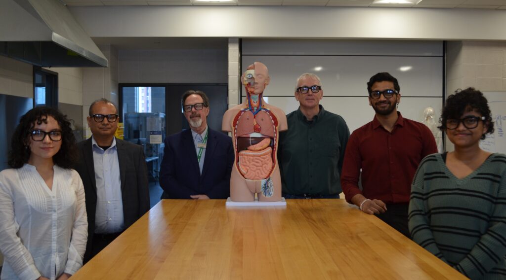 People standing in a classroom with an anatomy manekin.