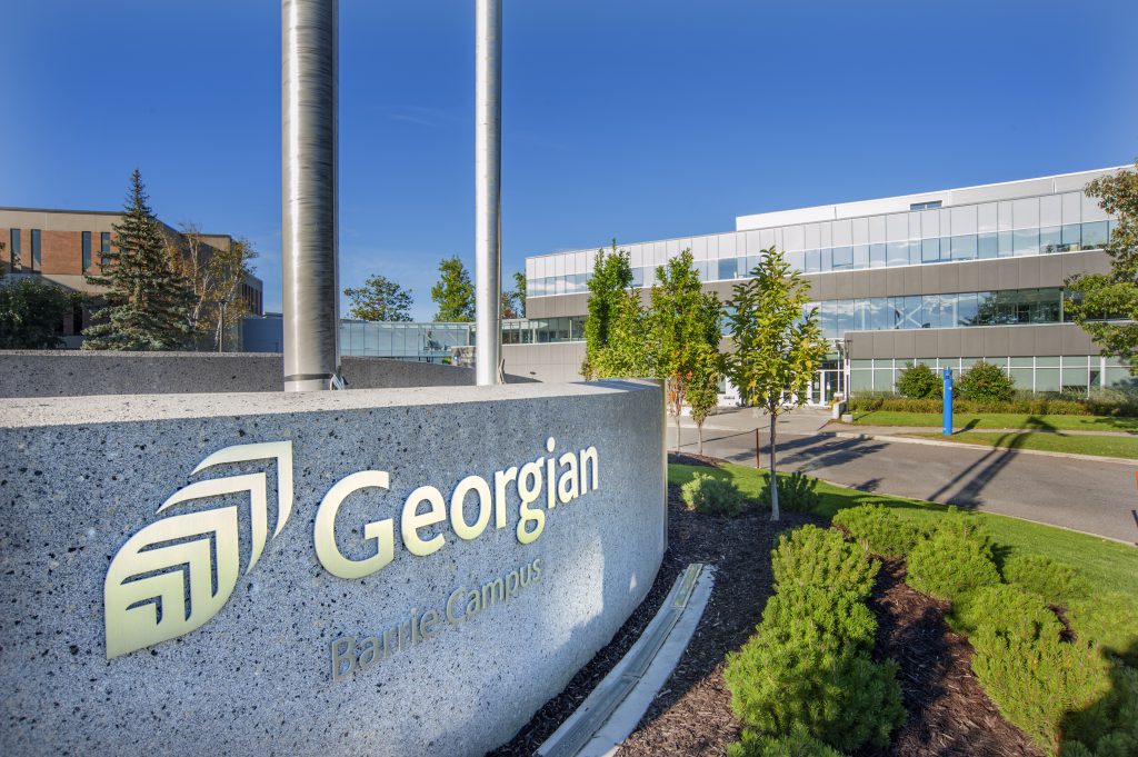 Image of the Sadlon Health Centre, as well as stone that says Georgian College Barrie Campus