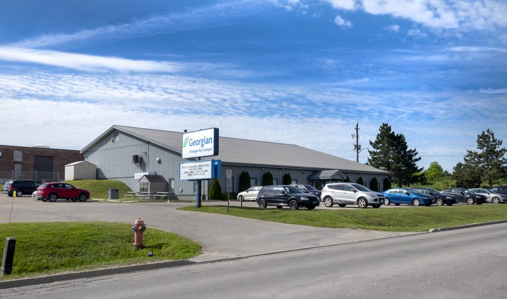 Outside the Orangeville Campus building from the road